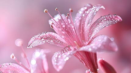 Fototapeta premium Macro Shot of a Pink Dew-Kissed Nerine Flower in Soft Light