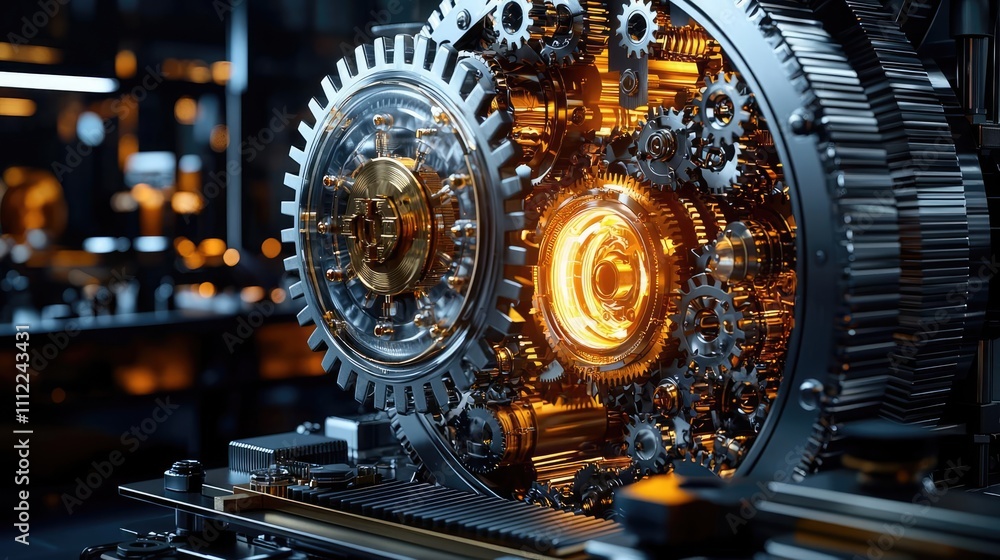 Poster Close-up of intricate gears and mechanisms with glowing elements in machinery.