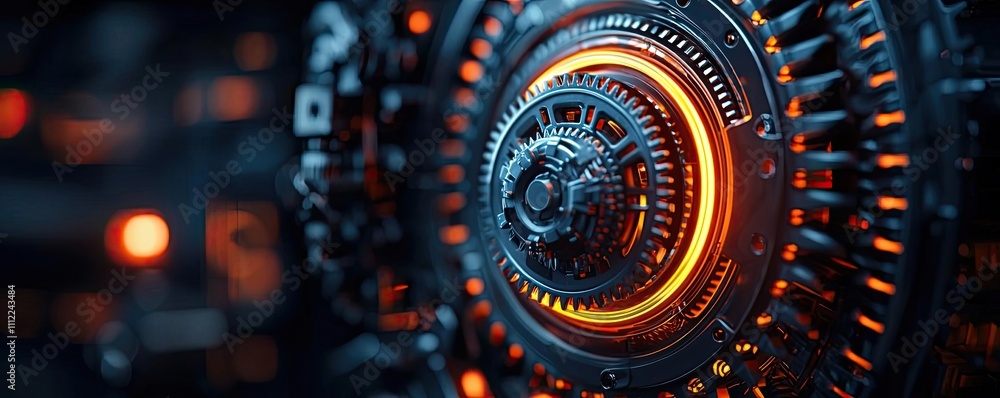 Poster abstract close-up of a futuristic mechanical element with glowing details.