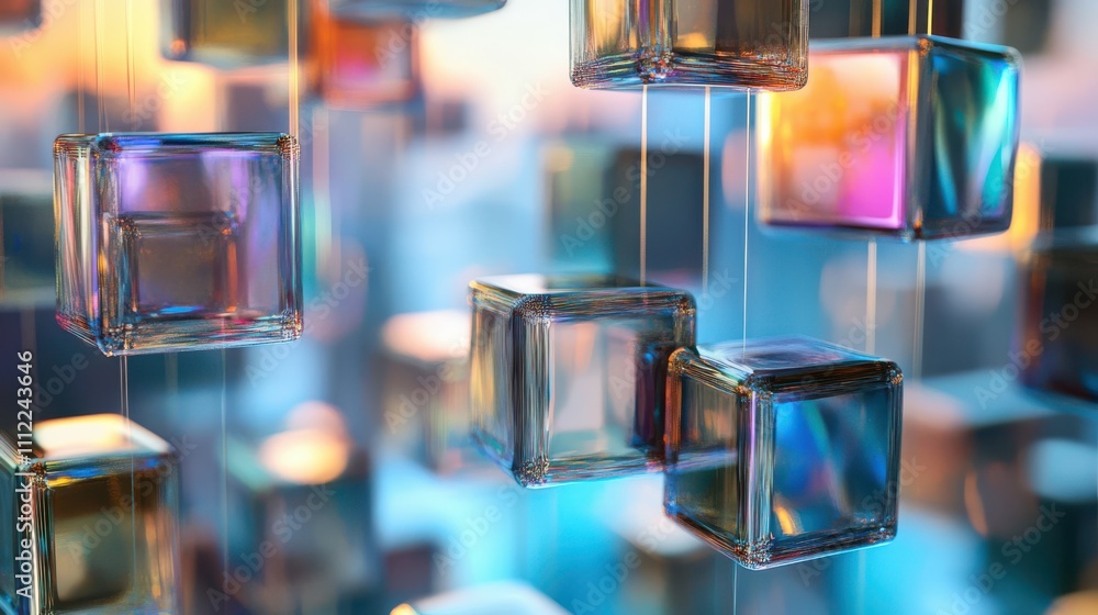 Poster floating shiny cube network. mixed media