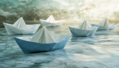 Obraz premium Paper Boats Floating on Water Surface, Symbolizing Adventure, Childhood Memories, and Creativity in a Calm Natural Setting with Beautiful Background