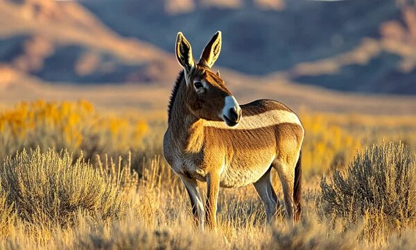 Onager in a Desert Landscape at Sunset.