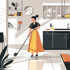 Woman cleaning her modern kitchen with a broom during daylight hours