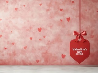 Glossy red tag with swirling heart patterns and a dangling ribbon, "Valentine's Day promo"", 3D rendering