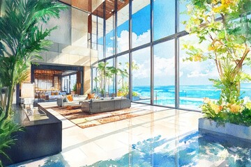 An artistic illustration uniting interior, architecture, and landscape design, showcasing a vibrant fusion of modern, minimal, and classic styles, perfect for colorful and stylish wallpaper