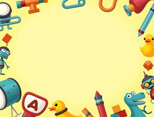 Fototapeta premium Daycare Center Cute Toy Frame Yellow Background. Generative ai