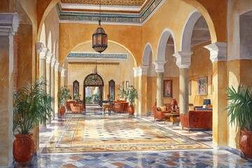 Obraz premium An artistic illustration uniting interior, architecture, and landscape design, showcasing a vibrant fusion of modern, minimal, and classic styles, perfect for colorful and stylish wallpaper