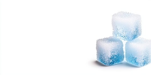 Three clear ice cubes stacked on a white background, ideal for refreshing beverages.