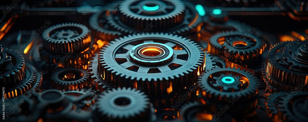 Poster Close-up of intricate gears with glowing accents in a mechanical setup.