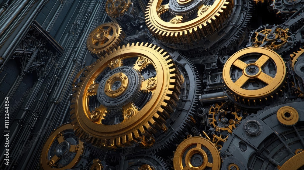 Poster Intricate golden gears aligned in a mechanical structure on a dark background.