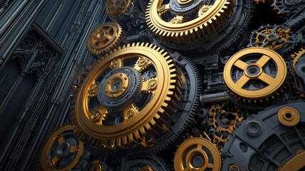 Obraz premium Intricate golden gears aligned in a mechanical structure on a dark background.
