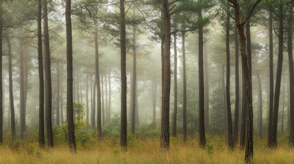 Obraz premium Misty Pine Forest: An Enchanting Woodland Scene