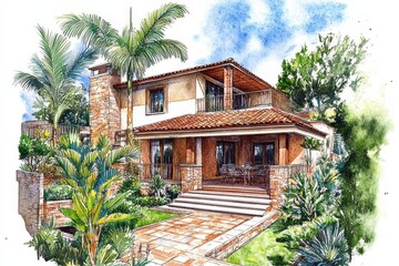 Fototapeta premium An artistic illustration uniting interior, architecture, and landscape design, showcasing a vibrant fusion of modern, minimal, and classic styles, perfect for colorful and stylish wallpaper