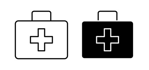 Medical kit icons in black filled and outlined style