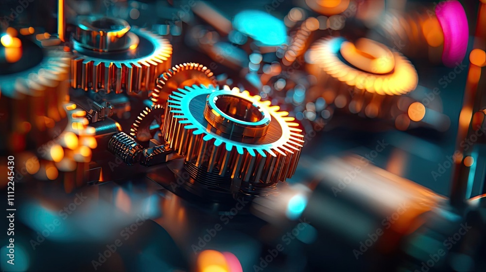 Poster Close-up view of intricate gears, highlighted with vibrant colors and reflections.