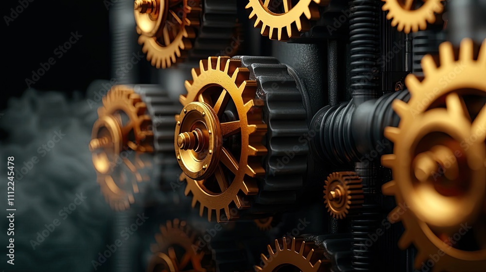 Poster golden gears mesh with black pipes in a dynamic industrial setting.