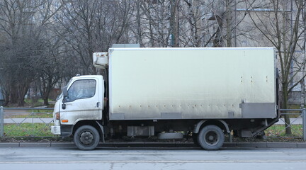 A small white refrigerated truck is parked on the side of the road, Iskrovsky Prospect, St. Petersburg, Russia, December 02, 2024 