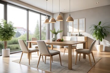 Fototapeta premium Elegant Minimalist Dining Set with Copyspace for Modern Interiors and Lifestyle Design, Featuring Clean Lines, Neutral Colors, and Natural Light for Inviting Atmosphere