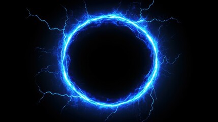 glowing electric blue lightning round frame with plasma portal, isolated on transparent layer overlay or black background