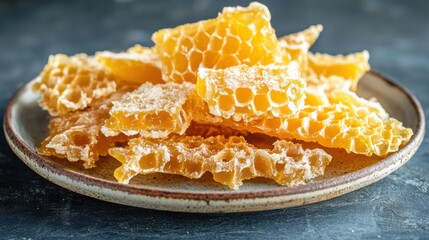 Fresh Honeycomb on a Rustic Plate Showcasing Natural Sweetness and Texture Ideal for Culinary and Food Photography Needs