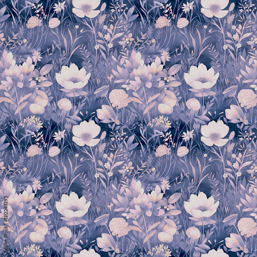 Poster floral wonderland with delicate blooms and lush greenery creating an enchanting seamless pattern in 