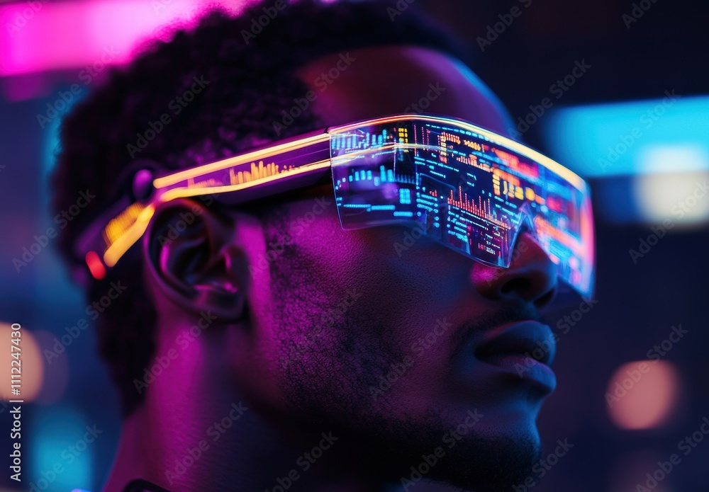 Poster Futuristic Man with High-Tech Glasses Displaying Digital Data and Graphics in Neon Lighting Environment