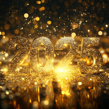 Celebraci&oacute;n del A&ntilde;o Nuevo 2025 en letras doradas, concepto de Nochevieja