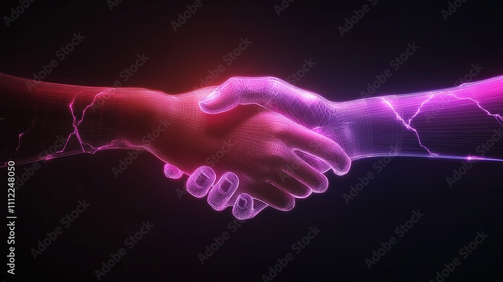 Poster digital hands shake with electric energy in a futuristic display of connection and unity during a vi