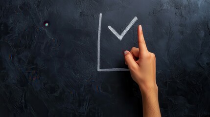 Male hand pointing at digital Guarantee Checkmark on dark background with mock up place. Compliance with regulations services and standards.