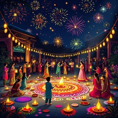 Diwali night scene in a indian family. All the people gathered and celebrated the festival.