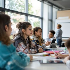 A modern classroom scene with people discussing and sharing their thoughts.