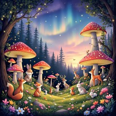 A night life of jungle animals gathered standing next to large mushrooms with beautiful sky.