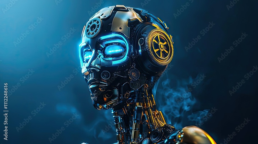 Poster futuristic robot with glowing features and intricate mechanical details.