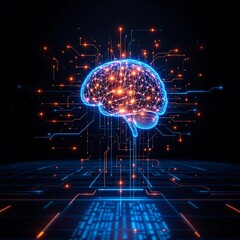 A illustration of the human brain integrated with the neural chips and neural circuits.