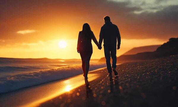 Silhouette of couple holding hands walking on beach at sunset.