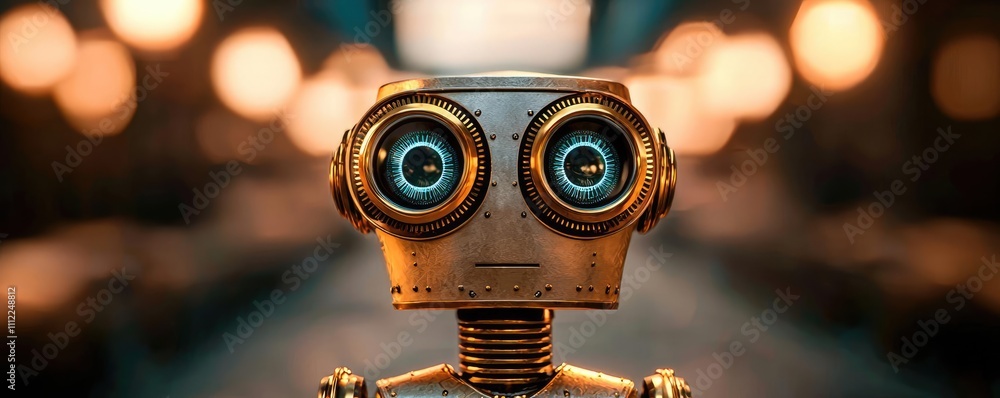 Poster a close-up view of a vintage robot with large expressive eyes.