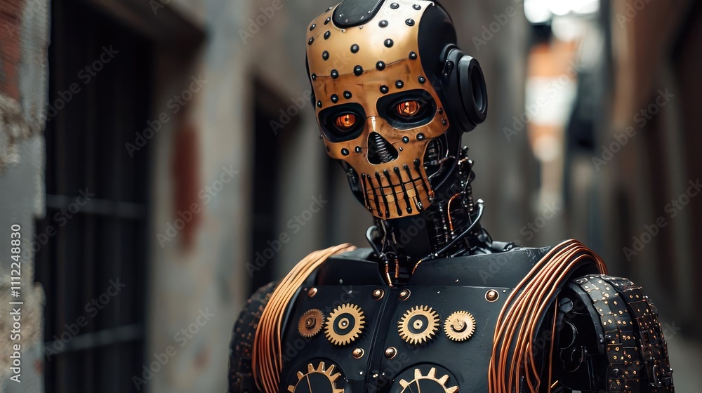 Poster futuristic robot with a steampunk design in an urban alleyway environment.