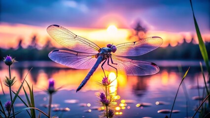 Enchanting Dragonfly in Twilight: A Candid Moment Capturing Nature's Elegance and Serenity at Dusk with Reflections of Light and Colors in a Lush Natural Setting