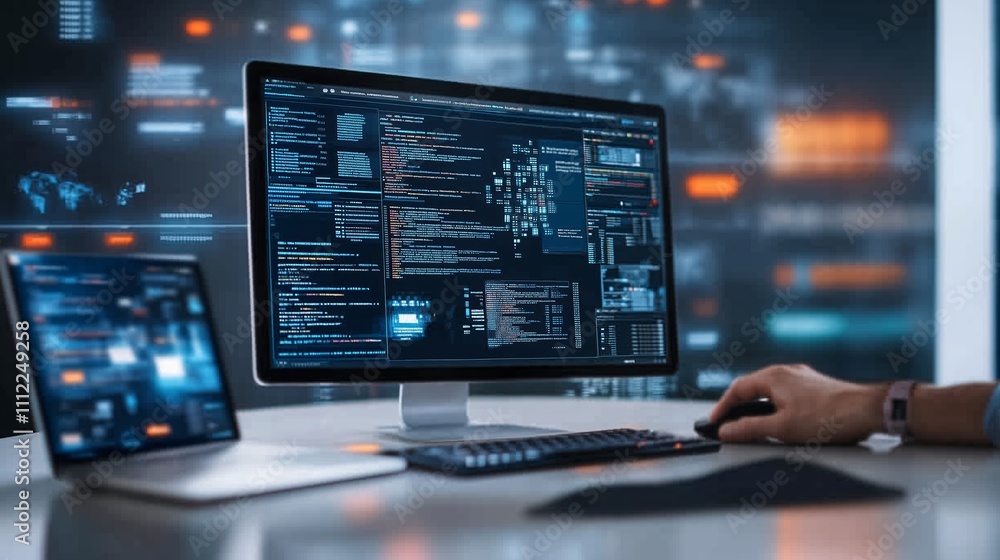 Aufkleber developer working on multiple screens in a modern office environment during nighttime