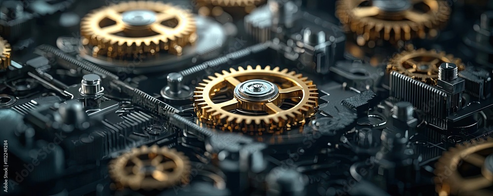 Poster close-up of intricate gears in a mechanical system, dark background.