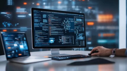 Fototapeta premium Developer working on multiple screens in a modern office environment during nighttime