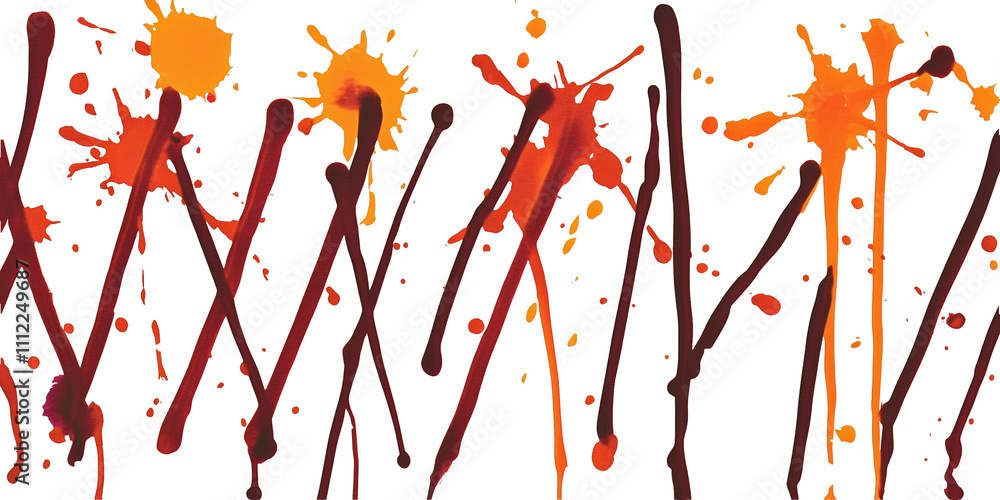 Poster abstract composition featuring orange and brown paint splattering and dripping on a clean white back