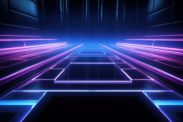 Fantastic Futuristic Sci-Fi Abstract Blue And Purple Neon Light Shapes On Black Background
