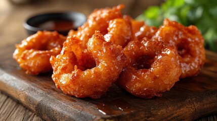 Crispy Golden Shrimp Fritters with Sweet Sauce Served on a Rustic Wooden Board Surrounded by Fresh Herbs and Ingredients for a Delicious Culinary Experience
