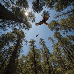 A hawk circling high above a dense forest.

