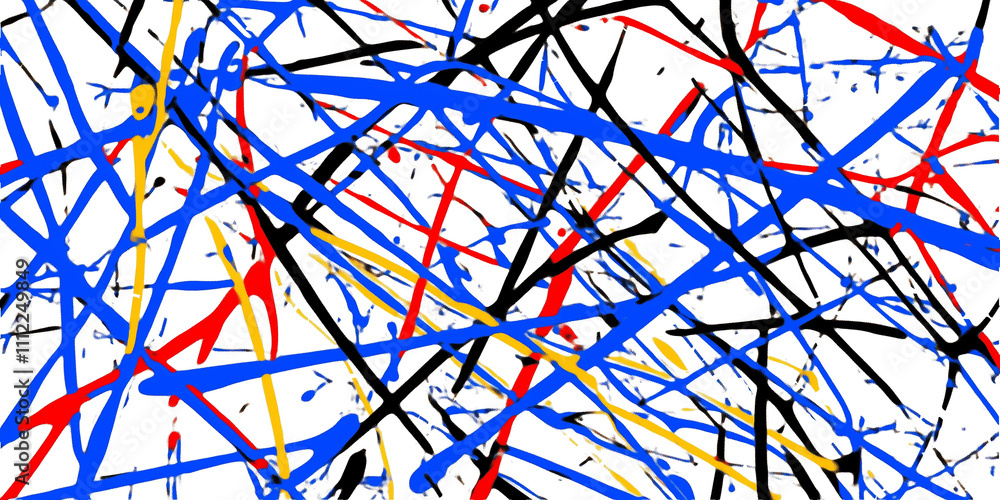 Poster dynamic abstract art composition featuring colorful drips and lines, creating a visually striking an