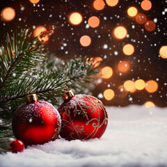 Adornos navidad colgando de &aacute;rbol con nieve