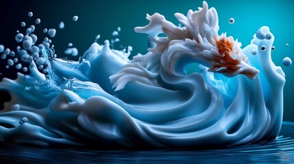 Abstract swirling liquid forming a dragon-like shape with splashes and bubbles against a dark teal background.