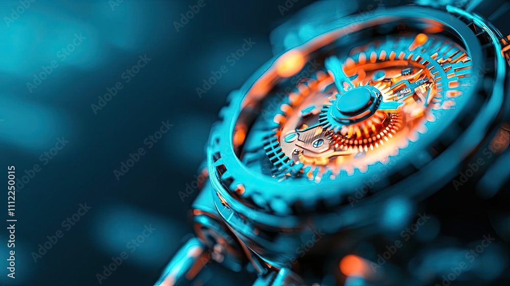 Poster close-up of intricate clockwork gears with vibrant lighting.