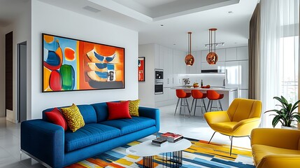 Open-concept living space with colorful furniture, bright blue sofa, yellow chairs, and red accent pillows against clean white walls 